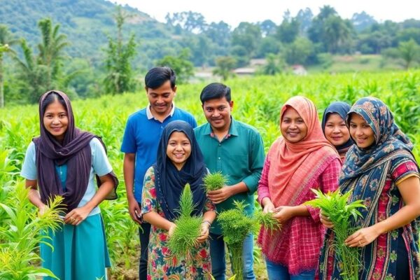 Gambar orang-orang bekerja sama di lingkungan berkelanjutan.