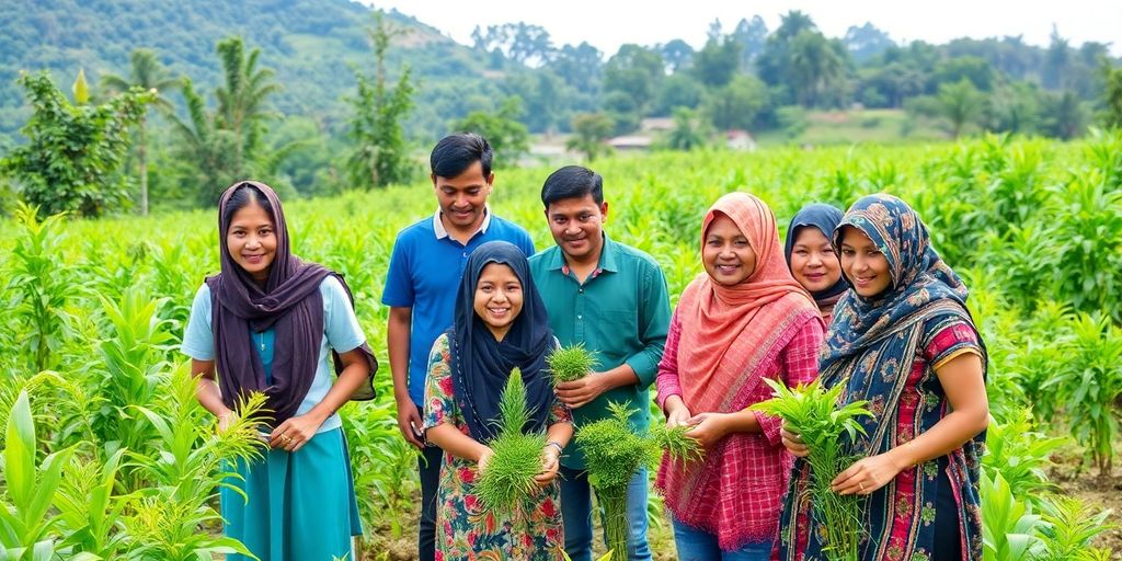 Gambar orang-orang bekerja sama di lingkungan berkelanjutan.